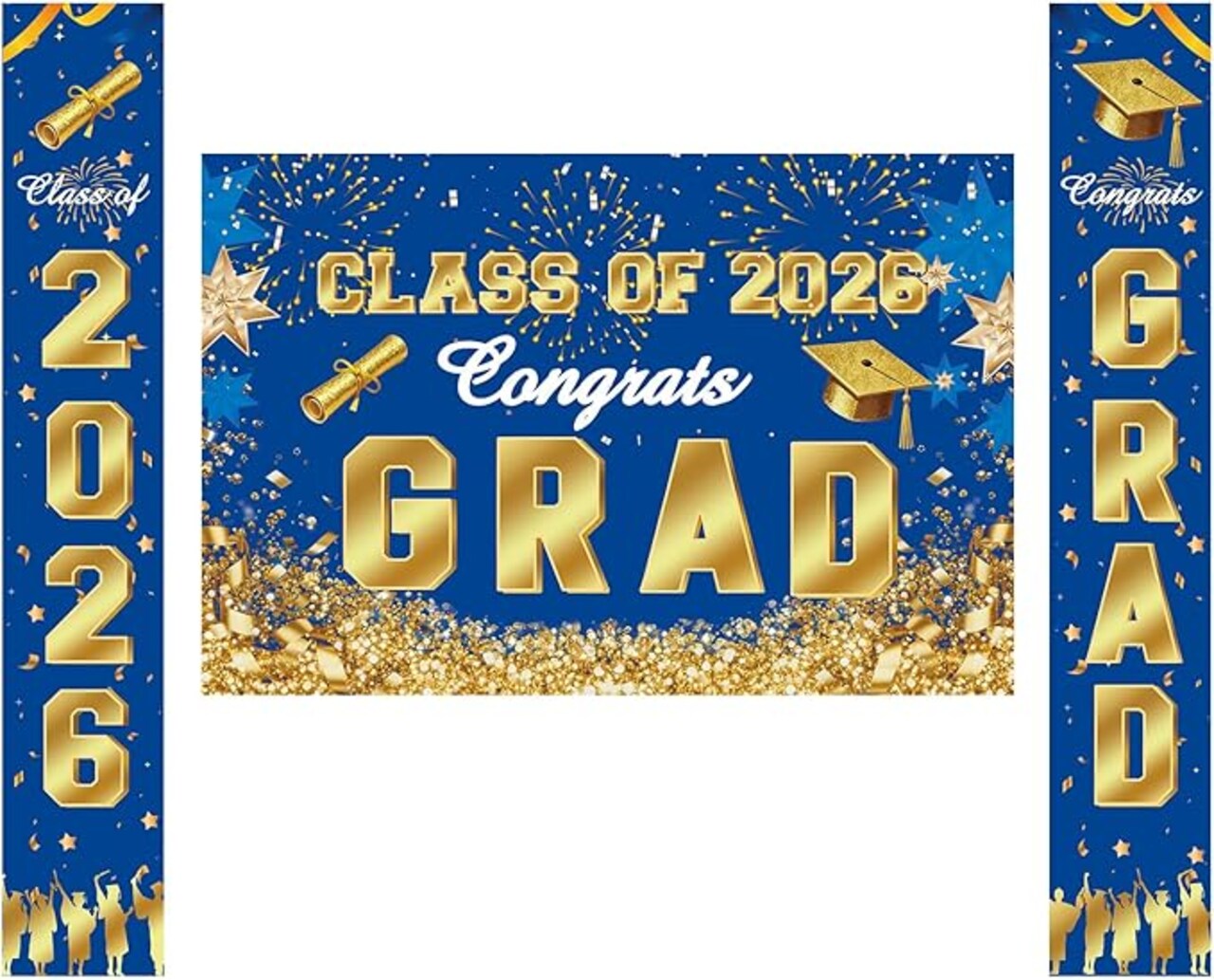 Class of 2026 Graduation Decorations - 3-Piece Blue and Gold Oxford Fabric Set: Congrats Grad Backdrop & 2-Pack Vertical Porch Banners - Durable Outdoor & Indoor Party Supplies